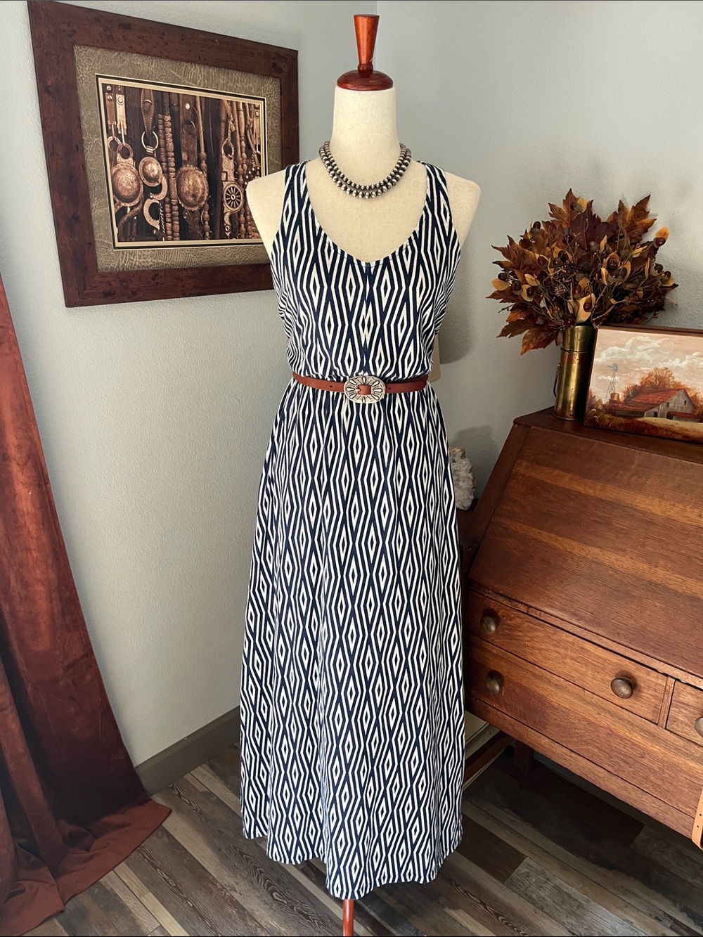 Vtg Gap A-Line Maxi Dress Western Diamond Blue 90s Y2K 100% Cotton Comfy